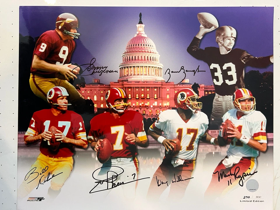 Foto autografiada 16x20 PF de 6 leyendas de mariscales de campo de los Redskins Foto 1 de 1