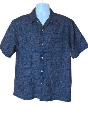 Camisa EDDIE BAUER Para Hombres Campamento Hawaiano Manga Corta M Mezcla de Lino Azul Gris Tribal Foto 1 de 4