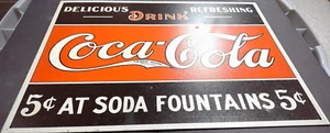 Coca Cola Schild Blech Metall Werbung 5 Cent am Soda Brunnen Retro Reproduktion - Bild 1 von 2