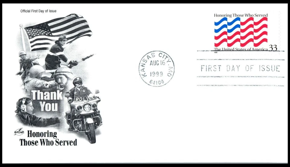 1999 Honoring Those Who Served Sc 3331 33c flag stamp FDC with ArtCraft cachet - Image 1 of 1