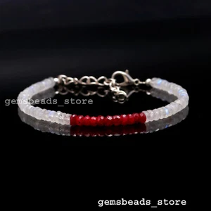 925 Sterling Silver Rainbow Moonstone+Corrundum Ruby Beaded Bracelet 7" - Picture 1 of 10