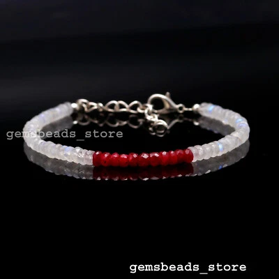 925 Sterling Silver Rainbow Moonstone+Corrundum Ruby Beaded Bracelet 7" - Image 1 of 4