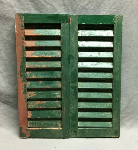 Pair Small Antique House Window Wood Louvered Shutters 8x19 VTG Green 1673-21B Cover