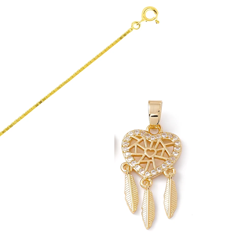 Collier - Femme - Pendentif - Coeur - Attrape Rêve - Plaqué Or Jaune 585/1000 - Photo 1/4