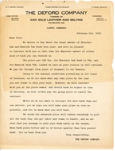 1918 Letter from The Deford Company Regarding Oak and Hemlock Bark Purchase - Picture 1 of 2