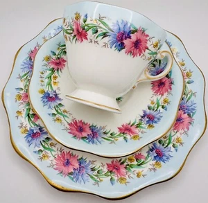 VINTAGE FOLEY ENGLAND "CORNFLOWER" BLUE TRIM TRIO CUP SAUCER 8” PLATE; TEACUP - Picture 1 of 15