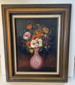 Vaso floreale vintage natura morta dipinto su tavola stravagante incorniciato firmato rosa viola - Foto 1 di 16