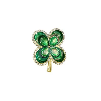 Broche minimalista de cuatro hojas con pedrería esmalte verde día de San Patricio regazo Foto 1 de 4