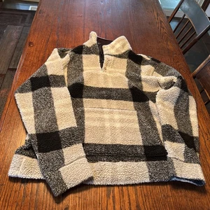 Express Cozy Plaid Sherpa Quarter Button Zip Pullover Size Med.Kangaroo  Pocket - Picture 1 of 10