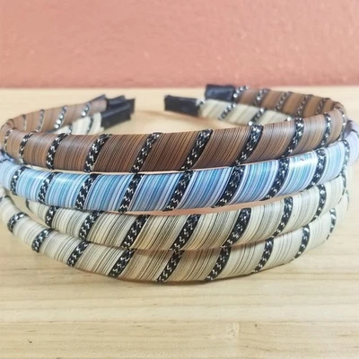 女孩发带套装 4 件 1/2 英寸宽亮片发带棕褐色、蓝色带银色 — 第 1/4 张图片