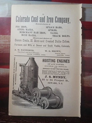 ~1884 Печатная реклама COLORADOCOAL & IRON Co. South Pueblo J.S. ДВИГАТЕЛИ MUNDY Newark  - Изображение 1 из 4