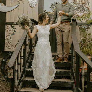 Vestidos de novia boho línea A cuello en O mangas de encaje apliques de playa vestidos de novia - Imagen 1 de 6