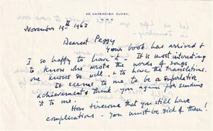 Dame Myra Hess Pianista 2 páginas Carta Autografiada Firmada, 1962 re: letra de la canción - Imagen 1 de 3