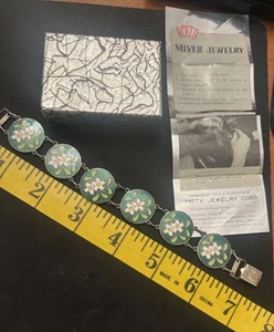 Rare Alpine Flowers, Post-WWII Amita Japanese Green Cloisonné 7” Bracelet 3/4" - Picture 1 of 9