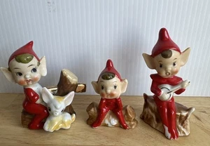 Vintage Japan Ceramic Porcelain  Pixie Elf Elves Figurines Lot Of 3 - Picture 1 of 13