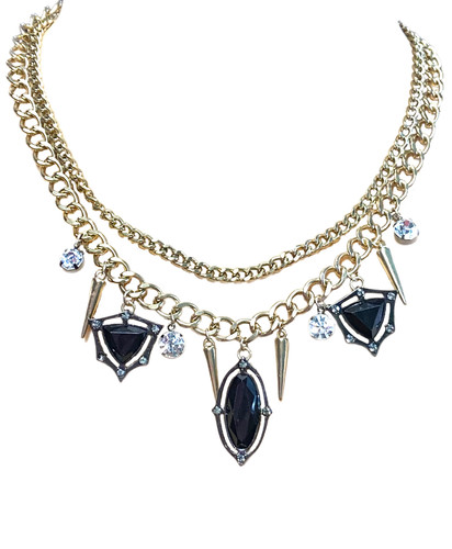 VETEMENTS Collana 2 fili strass bianchi e neri con ciondolo a punte tono oro strati 22"