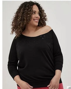 TORRID schwarzes OFF-SHOULDER LEICHTES FRENCH TERRY BESTICKTES SWEATSHIRT GRÖSSE 4 - Bild 1 von 4