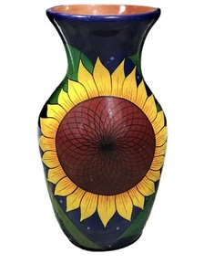Talavera Style Pottery Vase Sunflower Yellow Blue Green Signed Decor - Picture 1 of 7