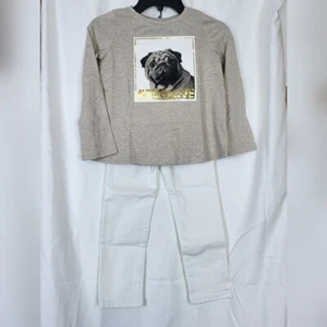 Crazy 8 Girls White Jeans Heathered Tan Pug Love Long Sleeve Outfit Set 4T New - Picture 1 of 13