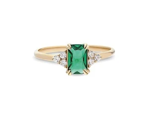 14k Solid Gold Lab-Created Emerald and Diamond Ring for Women Birthstone Jewelry - Picture 1 of 9
