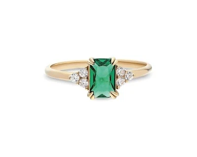 14k Solid Gold Lab-Created Emerald and Diamond Ring for Women Birthstone Jewelry - Image 1 of 4
