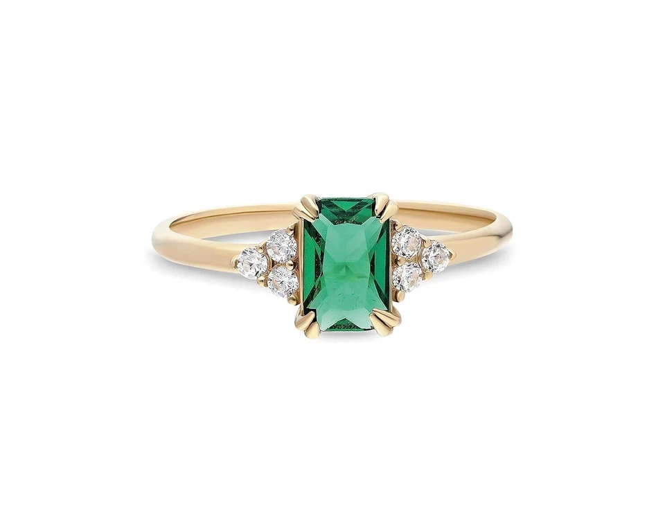 14k Solid Gold Lab-Created Emerald and Diamond Ring for Women Birthstone Jewelry - Image 1 of 4