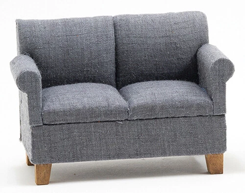 Dollhouse Miniature Modern Loveseat in Dark Grey Fabric with Wood Legs CLA12018 - Image 1 of 1