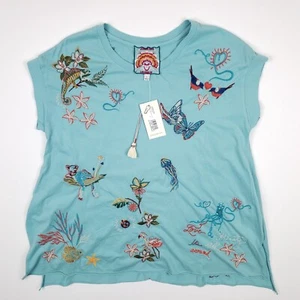 Camiseta Johnny Was Pequeña Mediana Mujer Relajada Zoe Drape Camiseta Bordada Azul Nueva - Imagen 1 de 19
