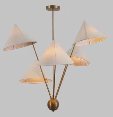 Italian Style Five Linen Shade Brass Sputnik Ceiling Chandelier Pendant Light Fi - Image 1 of 4