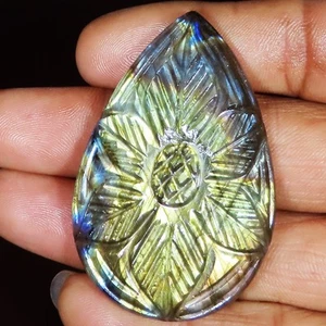 Natural Labradorite Carved Pear Cabochon Gemstone 126.50 Ct 37x55x7 mm jj-93 - Picture 1 of 6