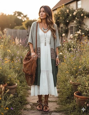 Umgee Orange Green Animal Print Color Block Open Front Cardigan Sz S Boho Casual - Image 1 of 4