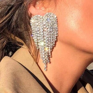 Tassel Rhinestone Earrings Jewelry Silver Sparkly Dangling Fringe Earring Long C - Picture 1 of 7