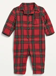 Old Navy Unisex Baby Flannel One-Piece Red Plaid Tartan Size 3-6 Months - Picture 1 of 1