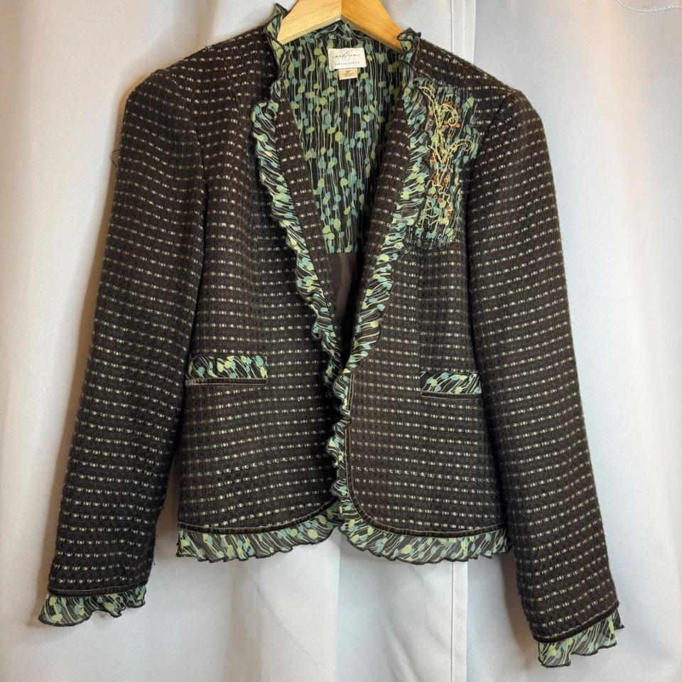 Blazer de Tweed Emma James Chaqueta Adornada con Volantes Marrón Verde Pequeño 6P de Colección Foto 1 de 4