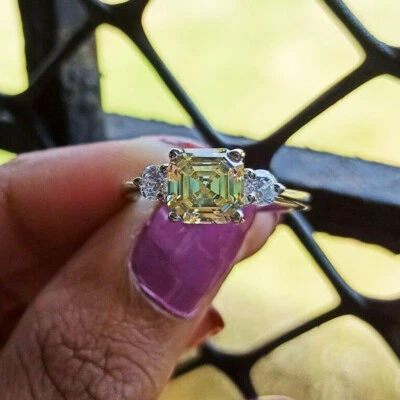 3,25 Karat Gelb Asscher Diamant Drei Stein Ring Verlobungsring Weißgold-Finish - Bild 1 von 4