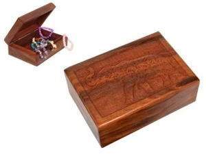 CARVED SHEESHAM HINGED WOODEN BOX ELEPHANT MANDALA DESIGN ON THE LID 18 x 13CM - Picture 1 of 4