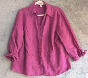 Blusa de lino para mujer JM Collection manga 18W 3/4 con lazo botón púrpura rosado  - Imagen 1 de 8