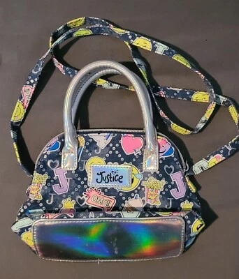 Justice Girls Denim Emoji Holographic Crossbody Satchel Bag Purse Zipper 5.5X6.5 - Image 1 of 4