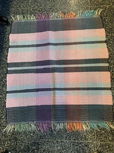 VTG Handmade Rag Rug 37" x 34"~Pink & Black & Blue~Farmhouse~Ranch Midwest USA - Picture 1 of 6