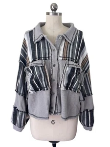 POL Jacket Womens Large Gray Waffle Thermal Pockets Striped Lagenlook Artsy Boho - Picture 1 of 9