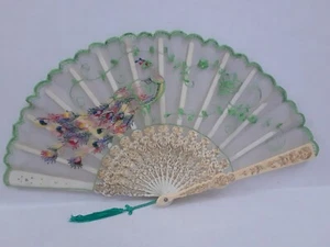 Vintage Peacock Sewn Frilled Hand Fan Stitched Embroidered with Tassel - Picture 1 of 15