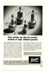 Anuncio impreso de revista de radioaficionado QST "Tetrodos Eimac pueden soportar la sobrecarga... (6/53) - Imagen 1 de 1