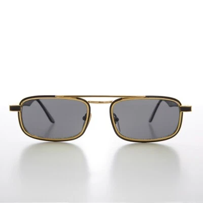 Gold Rectangular 80s Aviator Sunglass Black / Gray Lens - Beau - Image 1 of 3