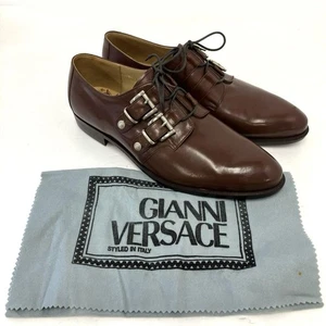 GIANNI VERSACE Brown Leather Double Buckle Dress Shoes Size ~27cm Elegant - Picture 1 of 12