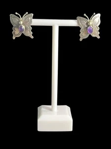 H429~ Sterling Silber Ohrringe Schmetterling mit Amethyst lila Stein Vintage - Bild 1 von 7