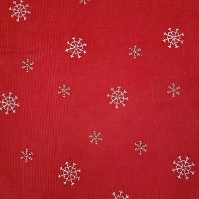 Thin Wale Red Corduroy Embroidered Snowflakes Christmas Holiday Fabric 58" x 42" - Image 1 of 4