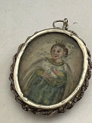 Ciondolo Con Immagini Dipinte Su Vetro In Argento Punzone Antico Epoca800 - Immagine 1 di 4