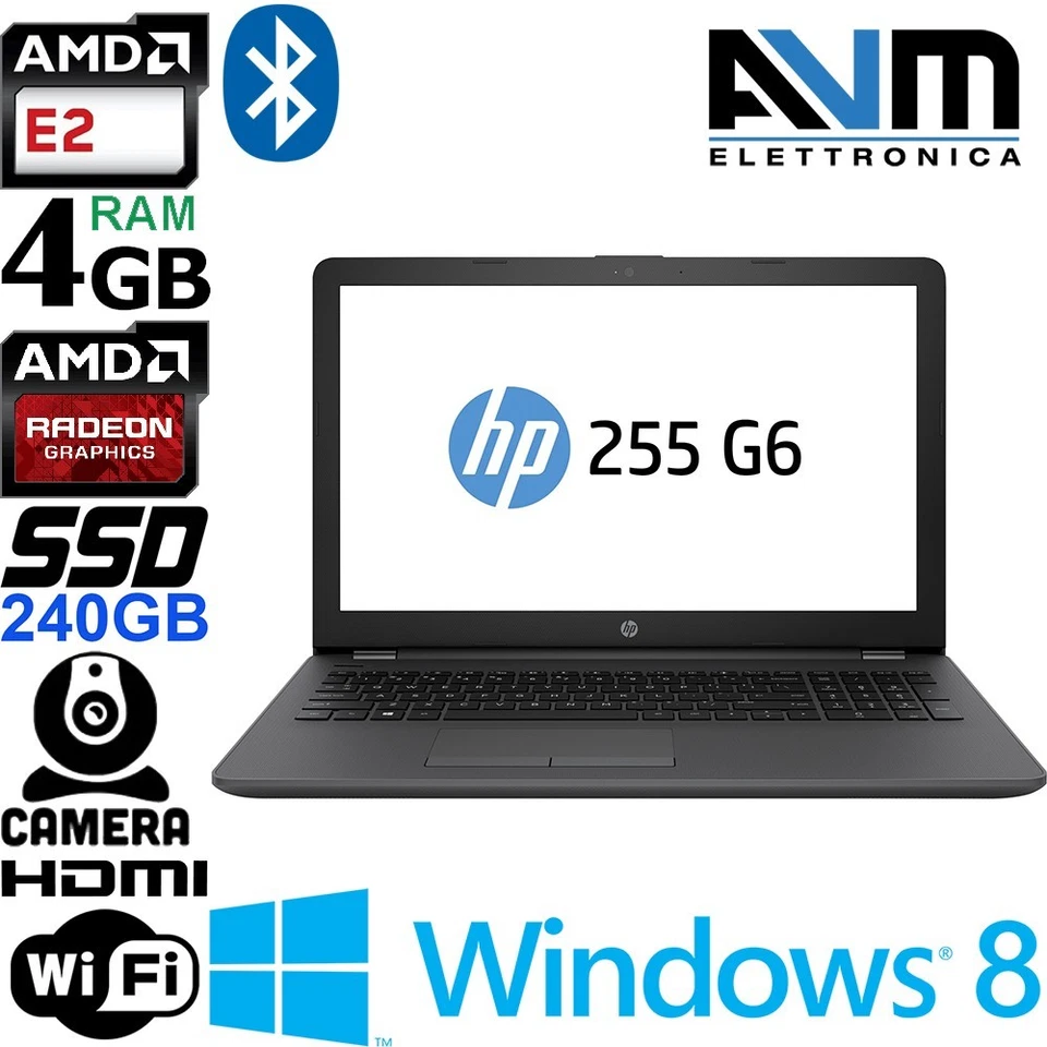 Notebook HP 255 G6 Windows 8 CPU AMD E2-9000e RAM 4GB DDR3 SSD 240GB Radeon R2 - Immagine 1 di 4