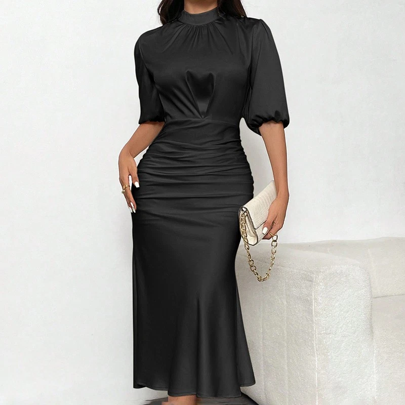 Women's Short Sleeve Mock Neck Ruched Midi Dress Slim Fit Elegant Party Dress - Image 1 of 4