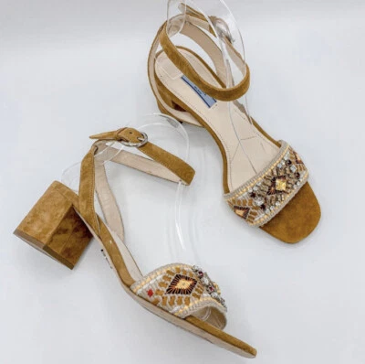 New PRADA $850 Jewel Embellished Brown Suede Block Heel Sandals Italy EU 37.5 - Image 1 of 4